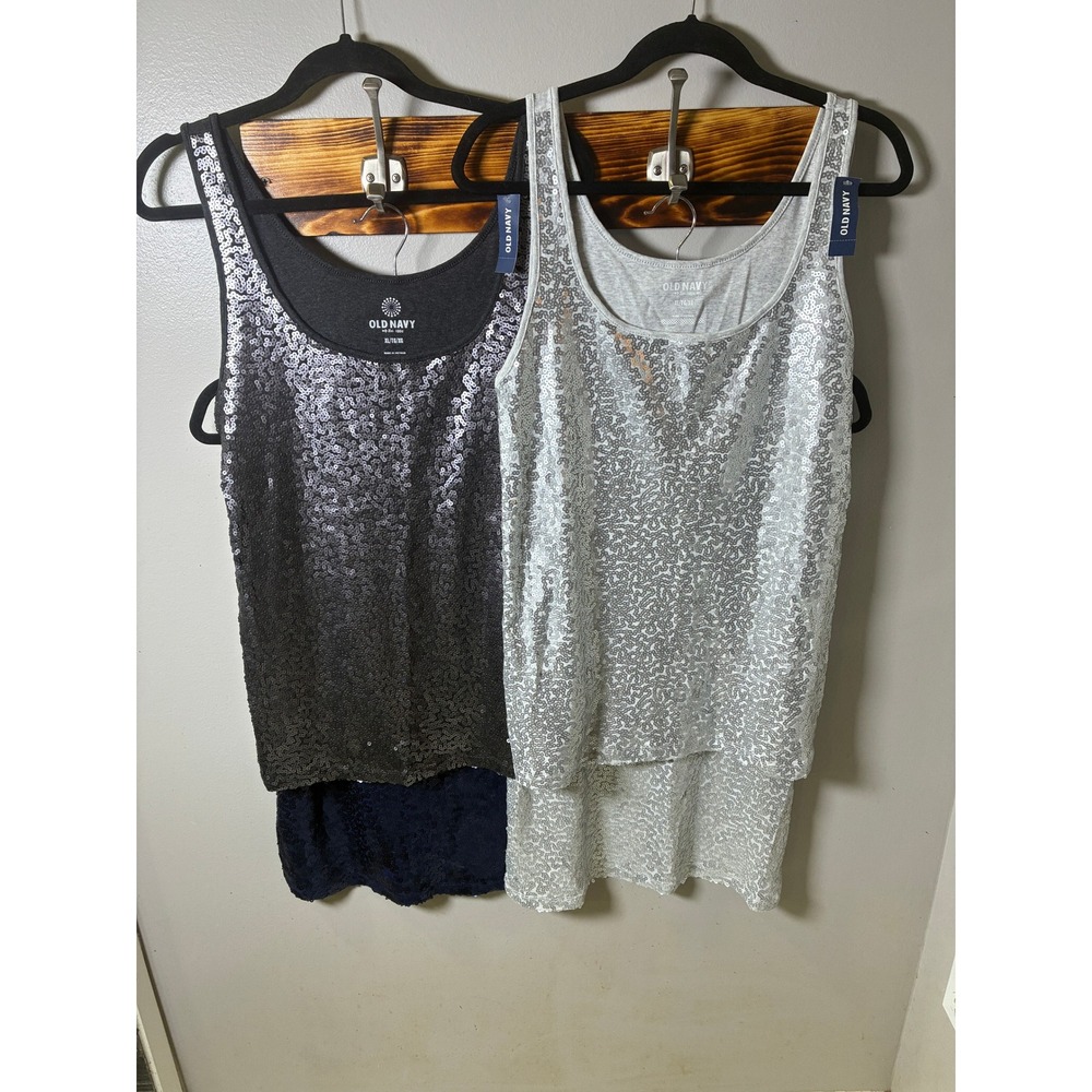 Old Navy Womens Sequin Front Tank Top Set of 3 Black Silver Navy XL NWT